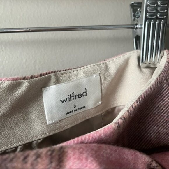 WILFRED | New Wrap Front Wool Mini Skirt Pink Brown Plaid Size 0 Aritzia - Picture 4 of 6